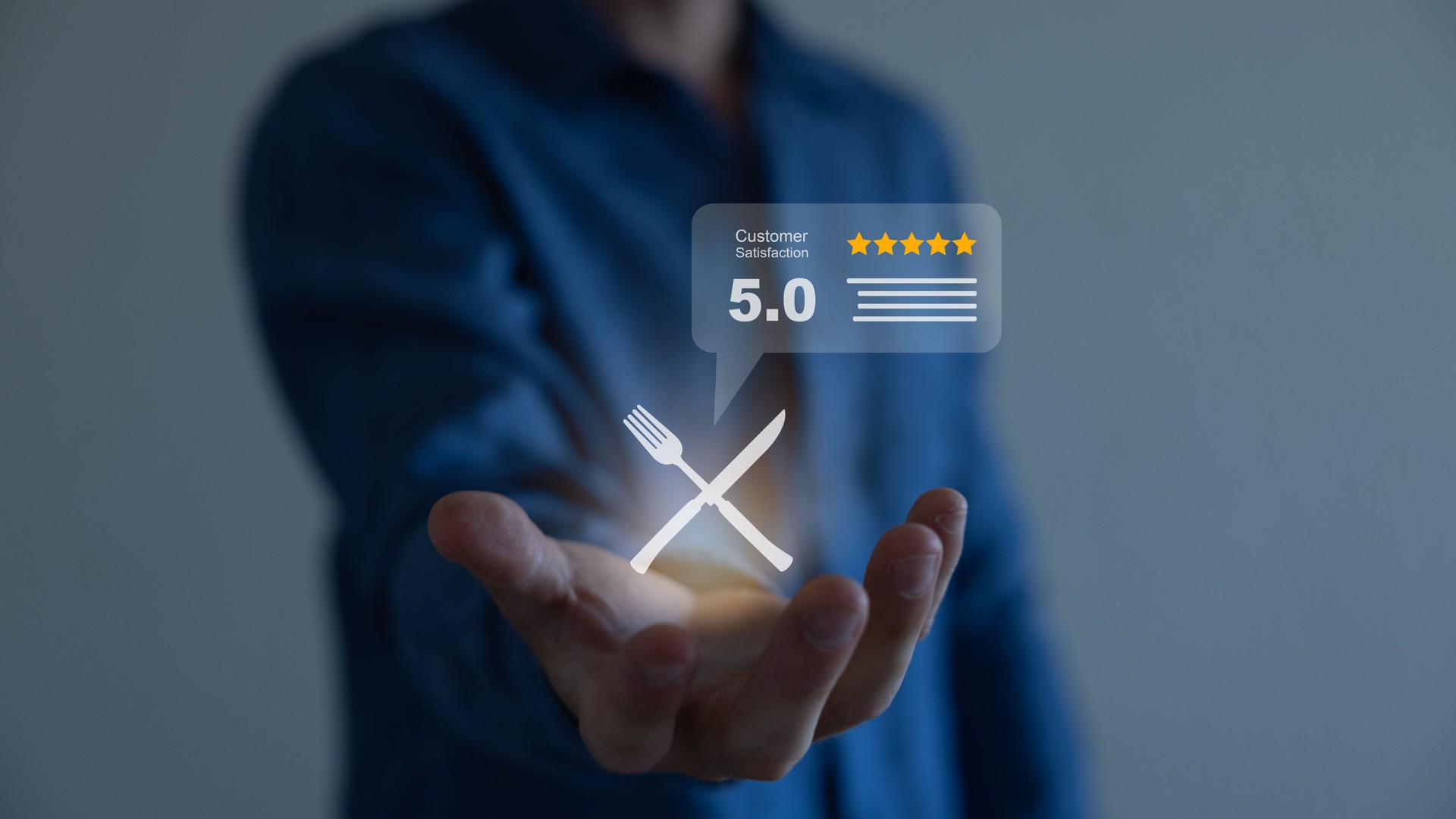 Customer Experience Concept. Enjoying Food and Drink. Fork and Knife at Cafe or Restaurant to Feedback Five Star Rating in Online Satisfaction Survey Application, Food Review, Top View.